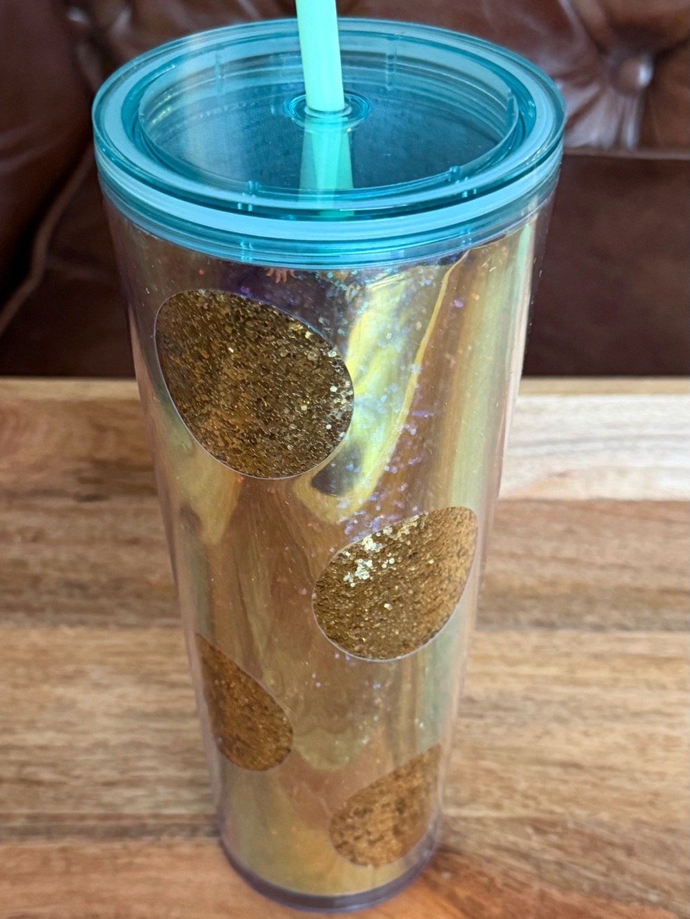 Starbucks Gold Dot Tumbler with Teal Lid and Straw
